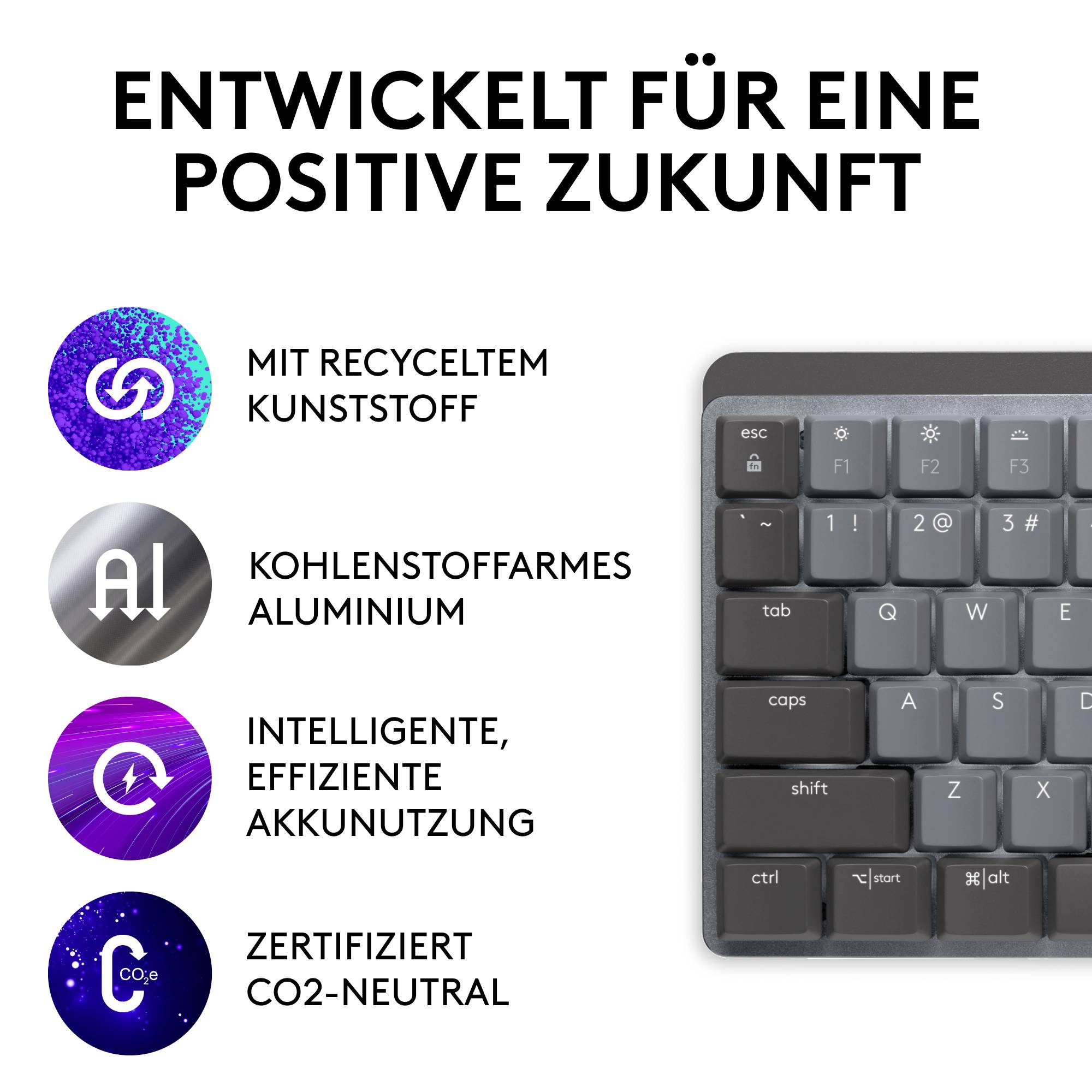 'Clavier en plastique recyclé, cadre en aluminium, certification d'efficacité, neutre en CO2. Développé pour un avenir positif.'