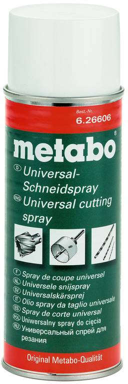 Un aérosol d'huile de coupe universelle Metabo pour l'usinage des métaux, emballage rouge et blanc, écriture en vert.