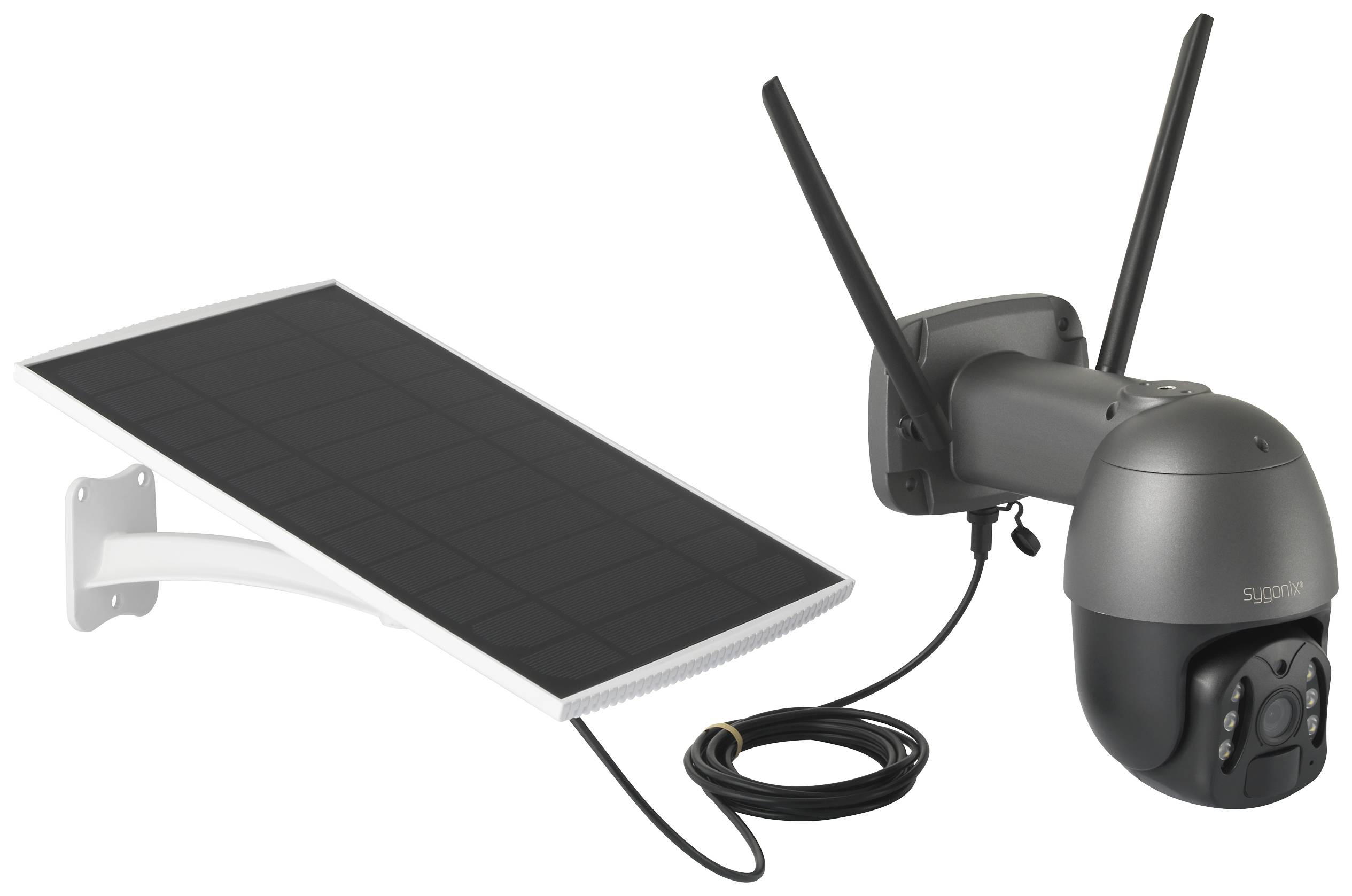 Caméra de surveillance avec panneau solaire et antennes pour connexion sans fil.