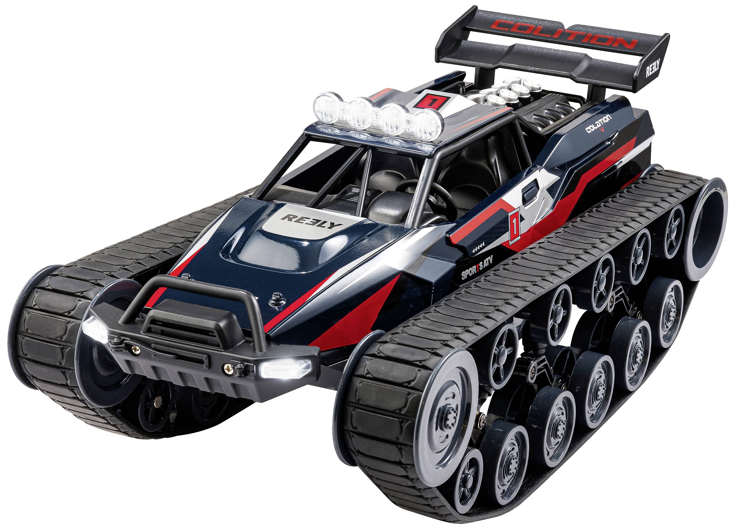 Voiture jouet avec des pneus de tracteur, design rouge et noir et phares sur le toit. Modèle 'Rezly' sur le capot.