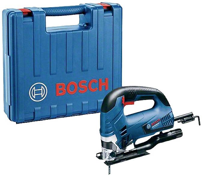 Scie sauteuse Bosch bleue devant son coffret de transport assorti, logo de marque bien visible.