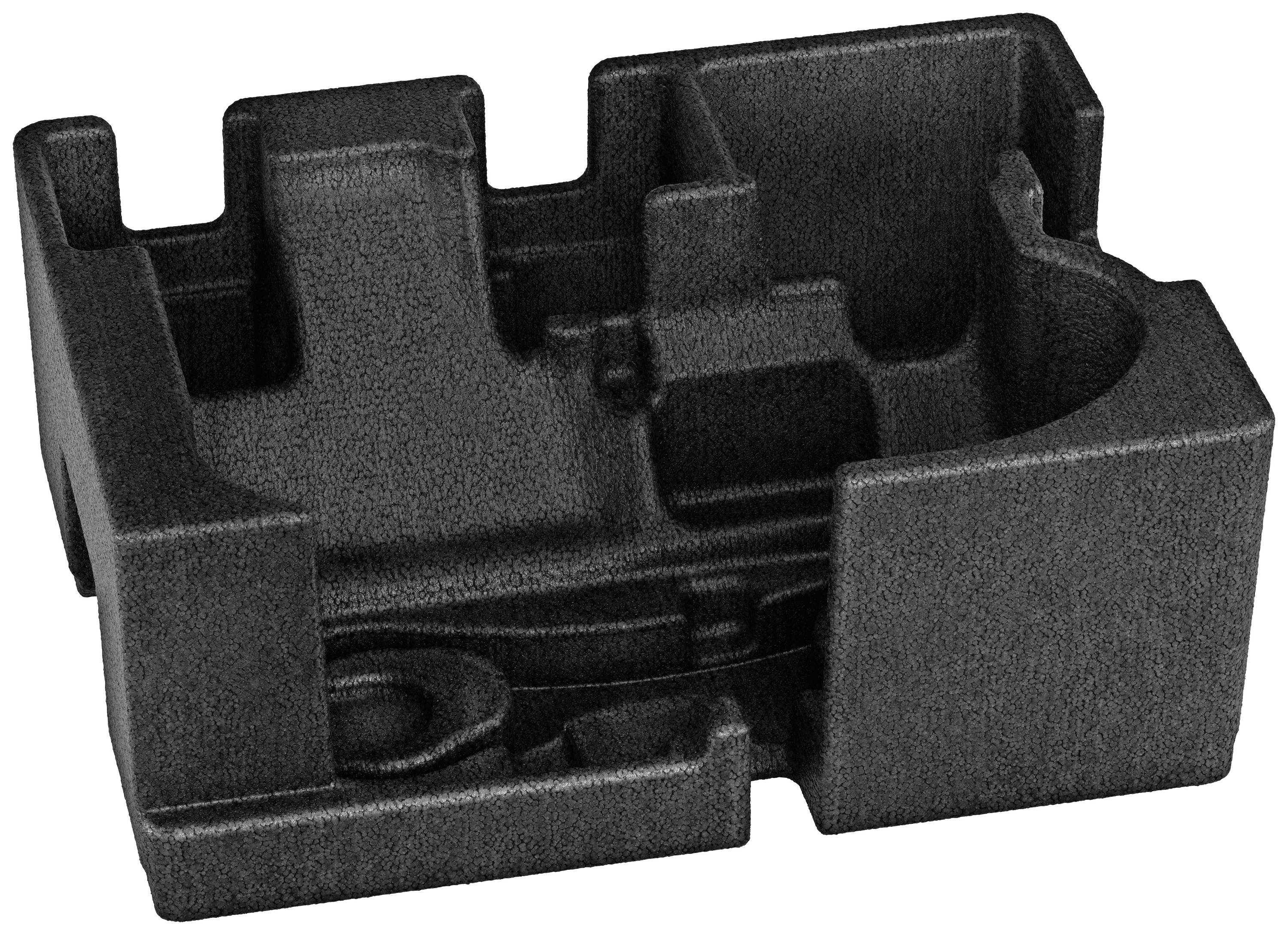 Insert en mousse noir moulé avec plusieurs compartiments, adapté à un produit ou un appareil spécifique, offrant protection et organisation.