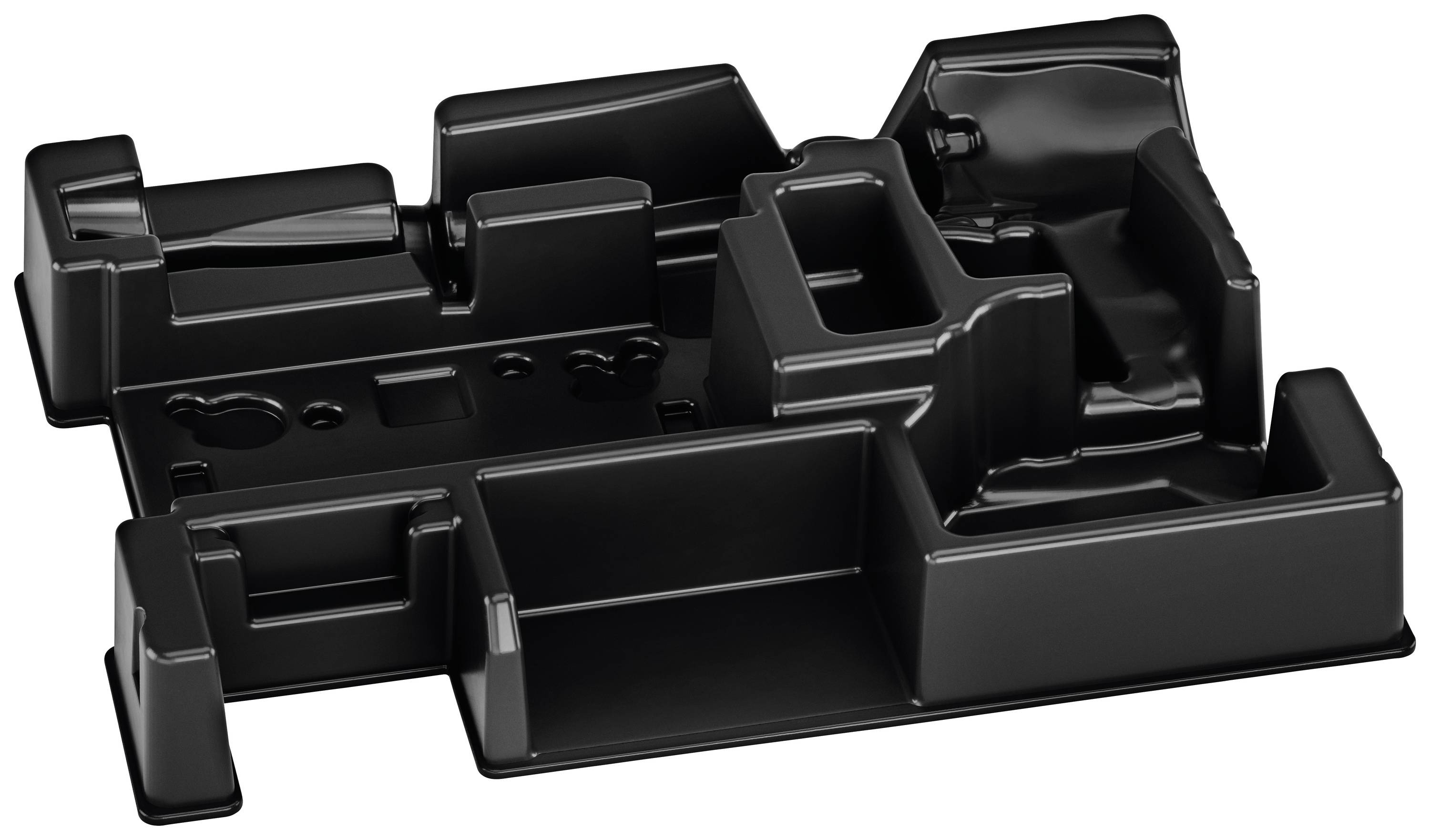 Boîte de rangement en plastique noir avec différents compartiments et reliefs, conçue pour le transport sécurisé de produits fragiles.