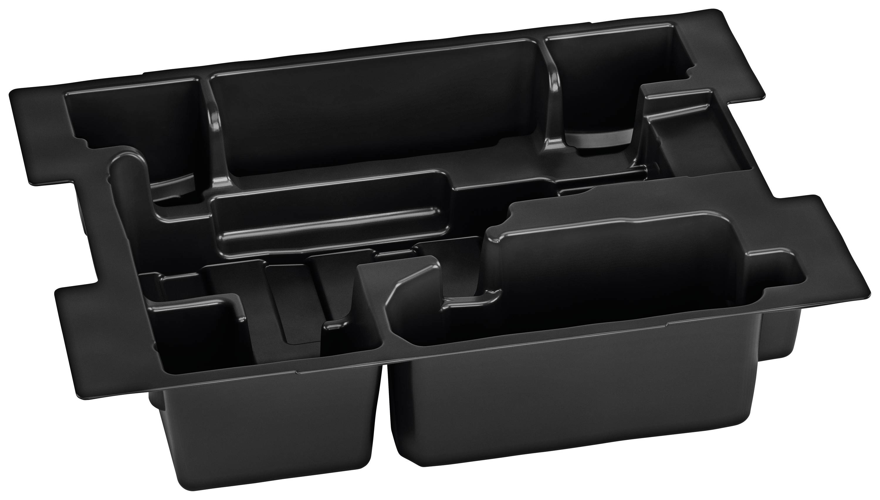 Un élément moulé en plastique noir, composé de plusieurs compartiments et cavités, probablement conçu pour organiser ou emballer des objets.