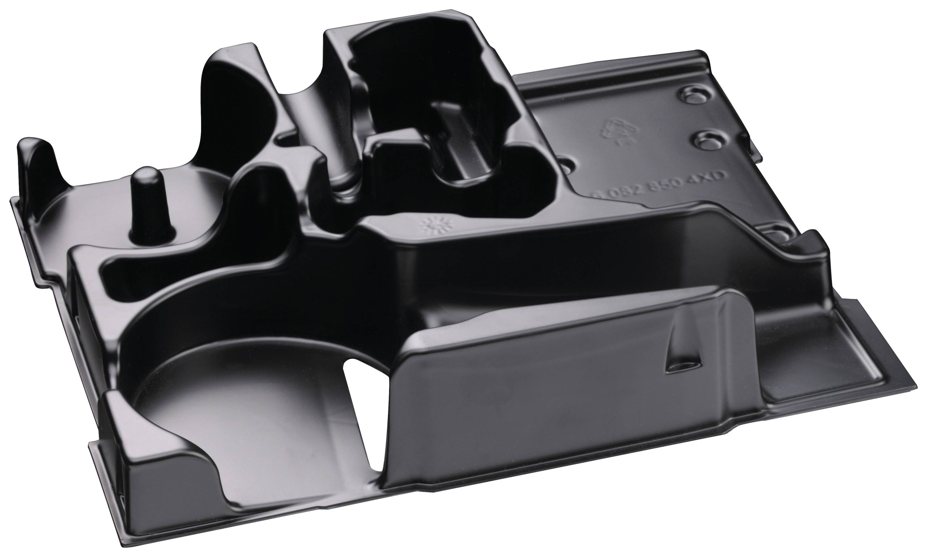 Un plateau noir en plastique moulé avec différentes cavités et reliefs, probablement destiné à l'organisation d'outils ou de petites pièces.