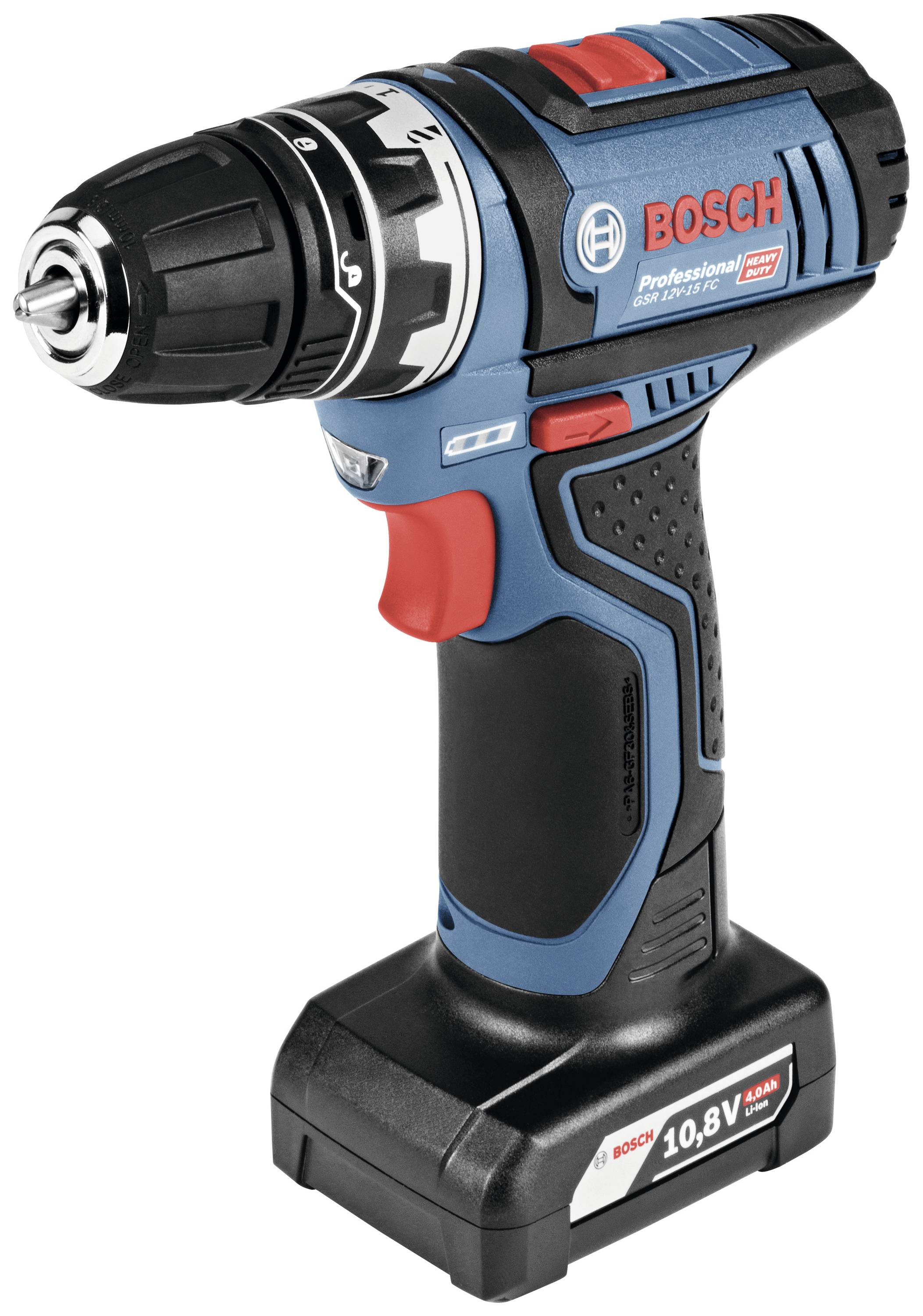 Un tournevis sans fil bleu avec une poignée noire et une gâchette rouge, de marque 'BOSCH', 10,8V, est posé verticalement.