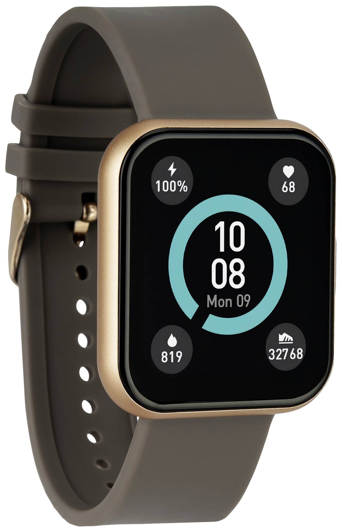 Montre connectée avec écran noir affichant le nombre de pas (32 768), la fréquence cardiaque (68), le niveau de batterie (100 %) et les calories brûlées (819).