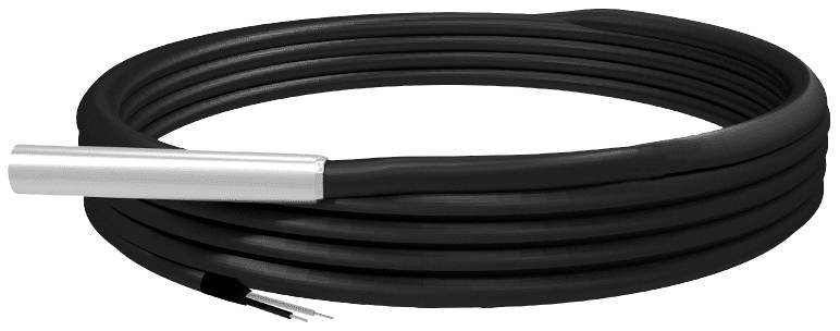 Un long câble noir avec un capteur couleur argent à une extrémité, probablement un capteur de température ou quelque chose de similaire.