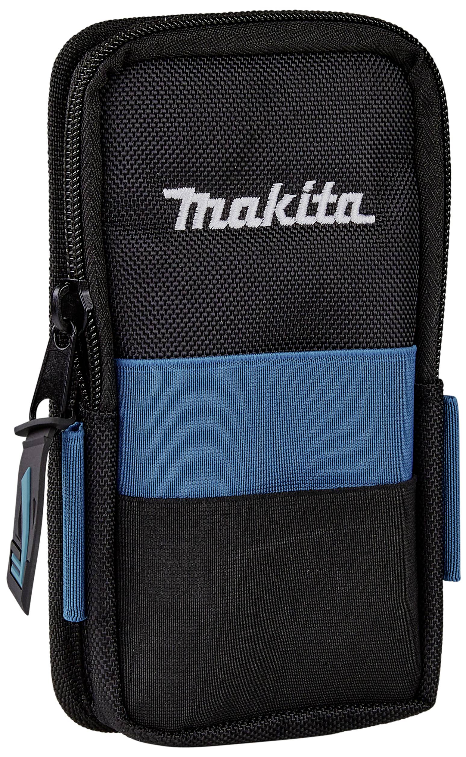 Sacoche noire Makita avec fermeture à glissière et bande bleue, adaptée pour le rangement des accessoires d'outils ou des petits composants.