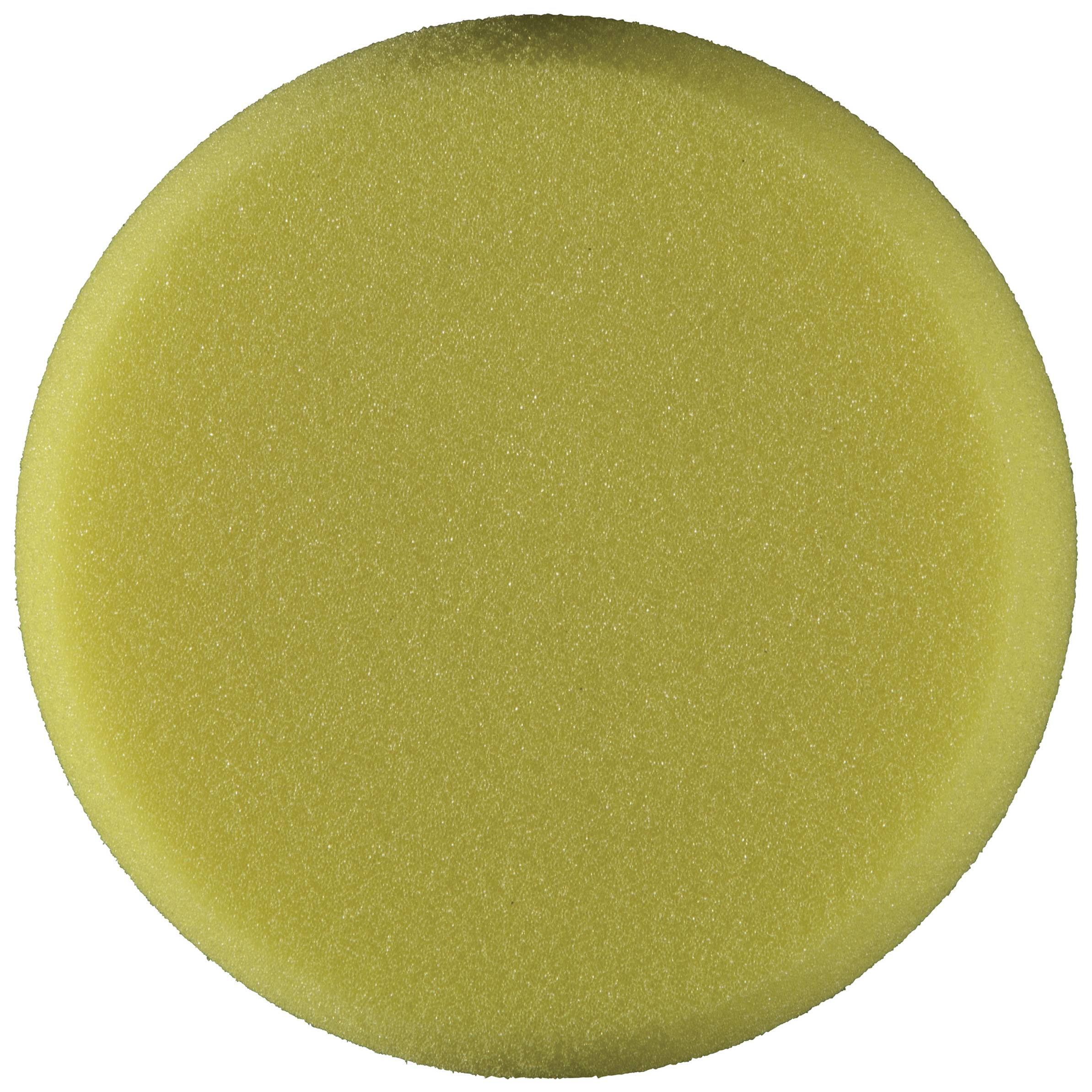 Un tampon de polissage rond, jaune, adapté pour appliquer et polir des cires ou des produits de finition.