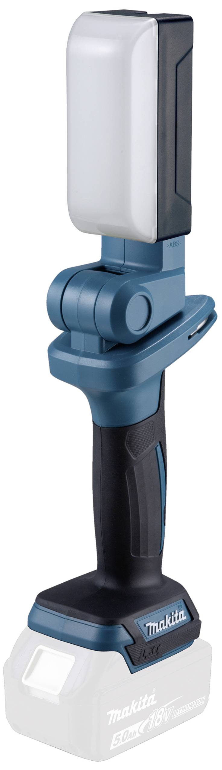 Lampe de travail LED sans fil de Makita avec tête orientable, poignée ergonomique et batterie intégrée.