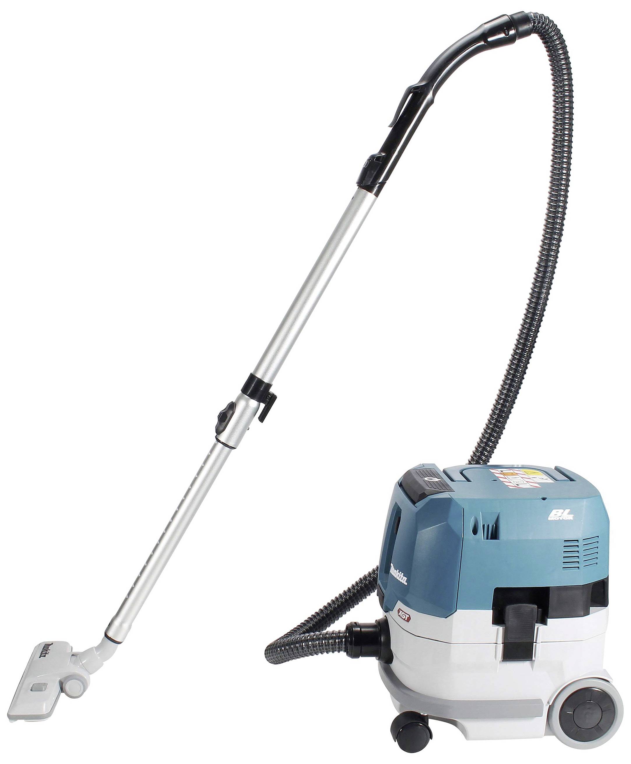 Un aspirateur bleu et blanc avec un long tuyau argenté et un embout flexible noir est représenté.
