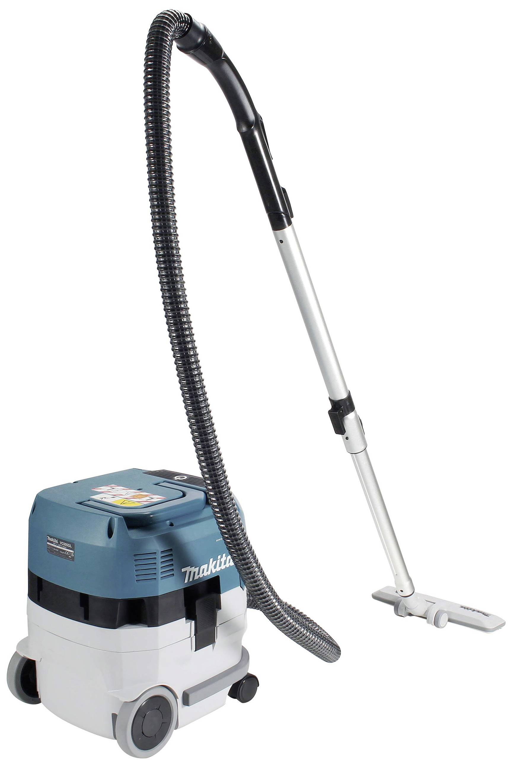 Un aspirateur bleu et blanc avec un long tuyau noir et une lance télescopique argentée, sur un fond clair.