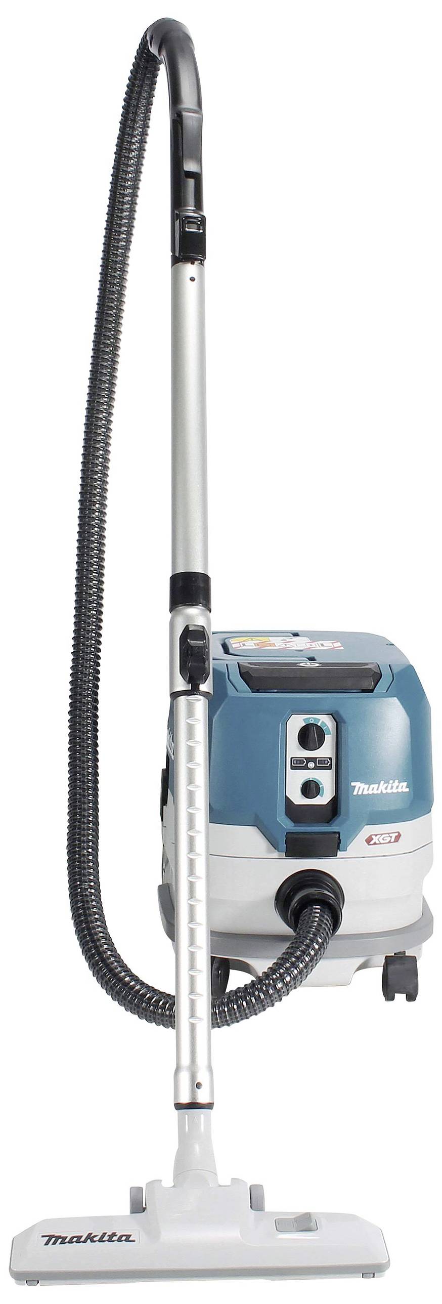 Un aspirateur bleu avec une longue lance d'aspiration et plusieurs boutons sur le dessus, debout. Nom de la marque sur l'avant de l'appareil.