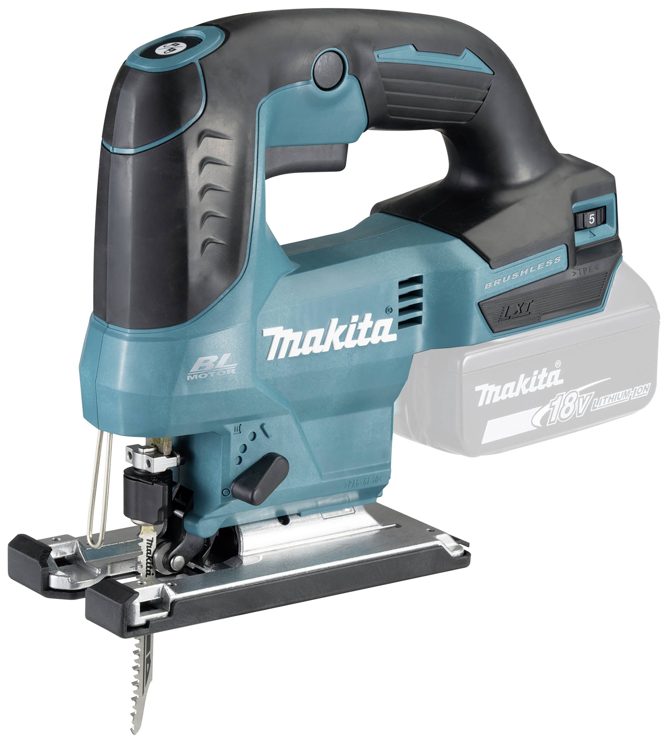 Une scie sauteuse sans fil à batterie avec un boîtier bleu et noir, marquée 'Makita' et '18V LXT Lithium-Ion', avec une lame de scie visible.