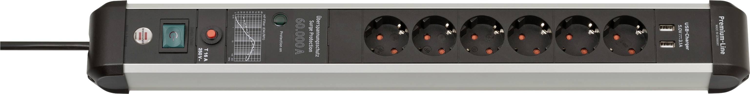 Une multiprise noire avec six prises, un interrupteur général d'alimentation et deux ports de recharge USB sur l'extrémité gauche.