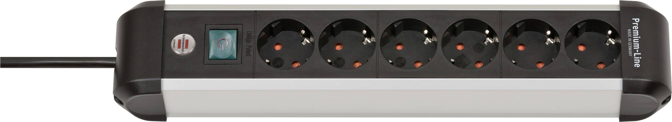 Bloc d'alimentation noir avec six prises rondes, un interrupteur bleu illuminé et un cordon attaché sur la gauche