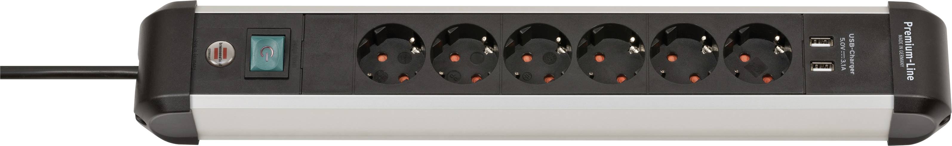 Multiprise avec plusieurs prises de courant rondes et un interrupteur lumineux sur la gauche, plus deux ports USB sur la droite.
