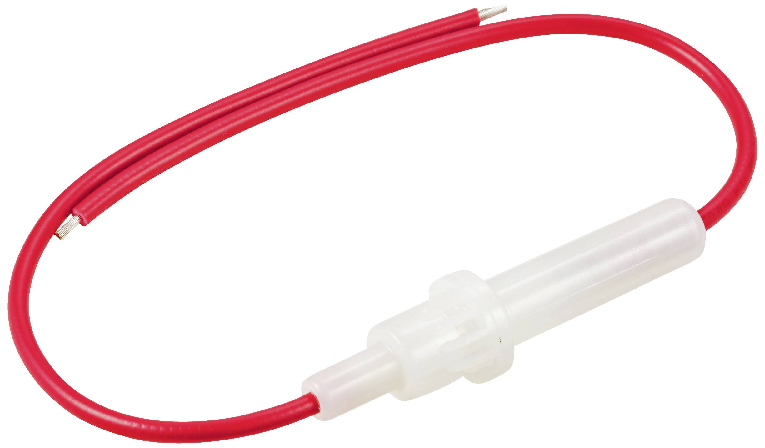 Un connecteur en ligne blanc pour câble avec un câble rouge connecté des deux côtés.