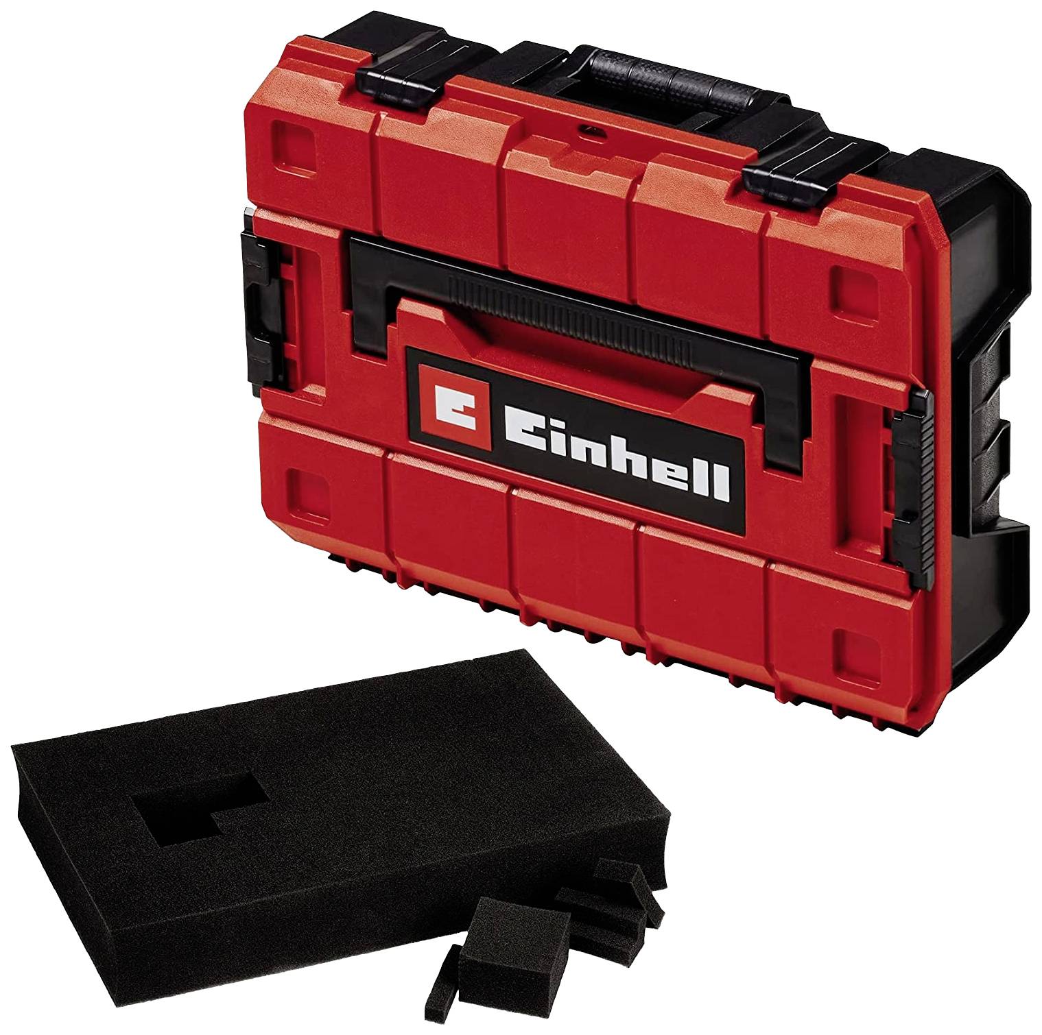 Boîte à outils Einhell rouge avec des fermetures noires, logo visible à l'avant. Un mousse noir est posé à côté de la boîte.