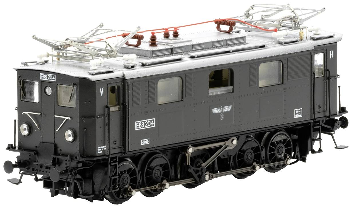Locomotive modèle noire de la Deutsche Reichsbahn avec caténaires et inscriptions détaillées, illustrant un design technique.