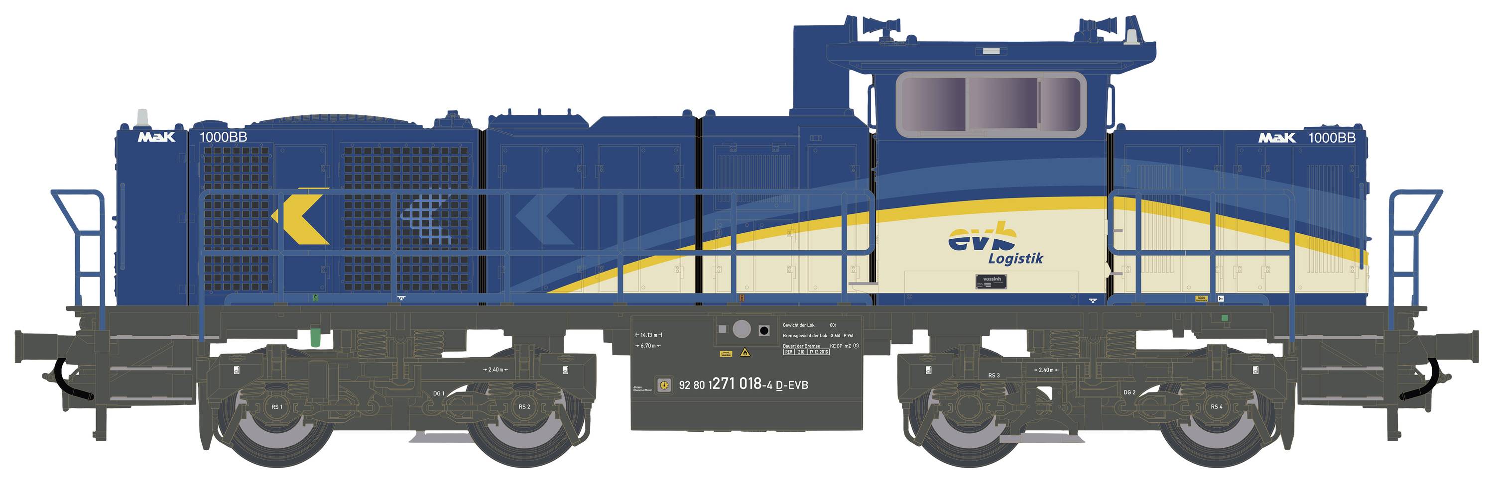 Une locomotive bleue et blanche de la marque Vossloh. Elle porte le logo de l'entreprise GVB Logistik sur le côté.
