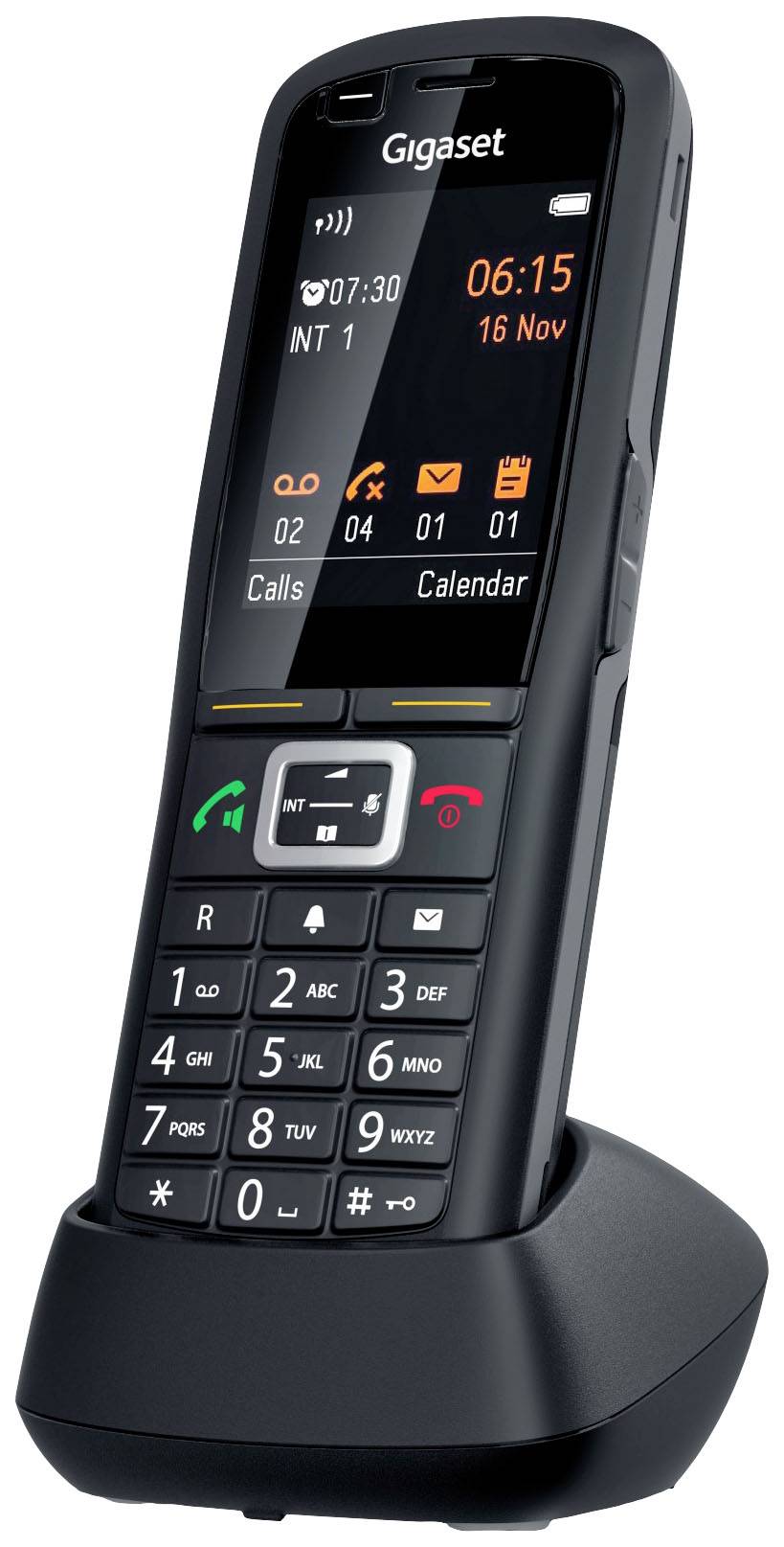 Téléphone sans fil avec écran affichant l'heure 06:15 et la date 16 nov. Clavier et options de menu visibles.