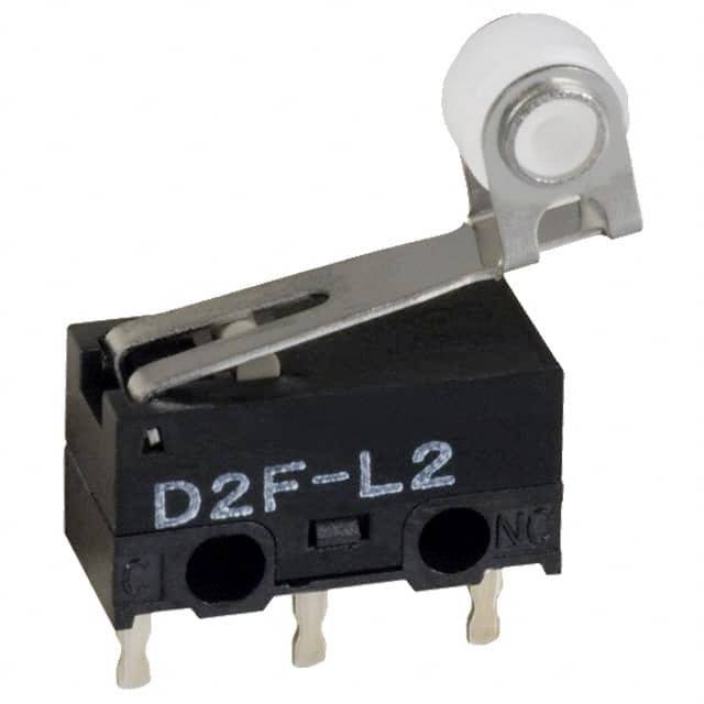 Un microrupteur à levier et galet. Marquage 'D2F-L2'. Adapté aux applications de commutation de mouvement ou de position précises.