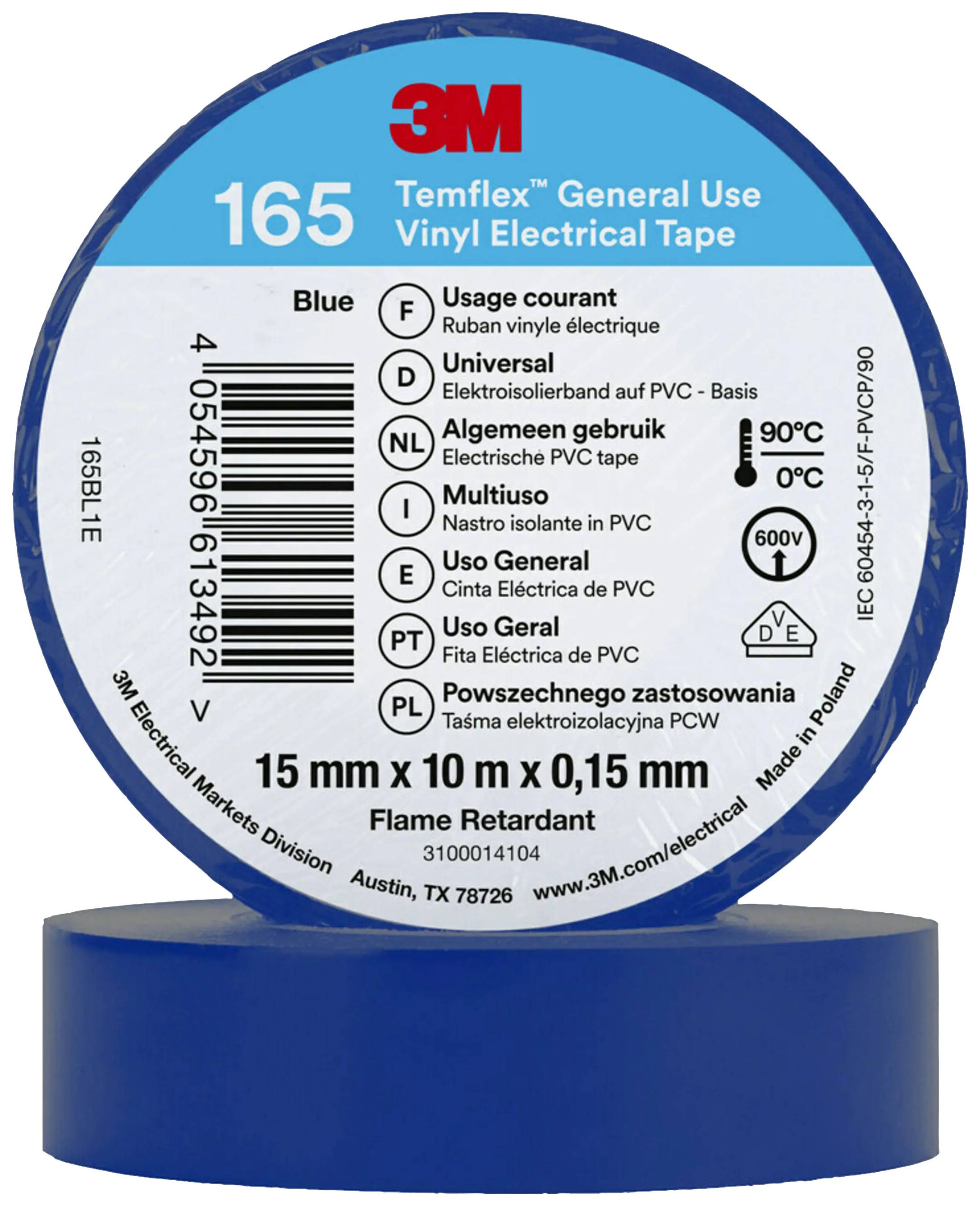 Ruban isolant bleu 3M, type 165 pour usage général. Largeur 15 mm, longueur 10 m, épaisseur 0,15 mm, ignifugé.