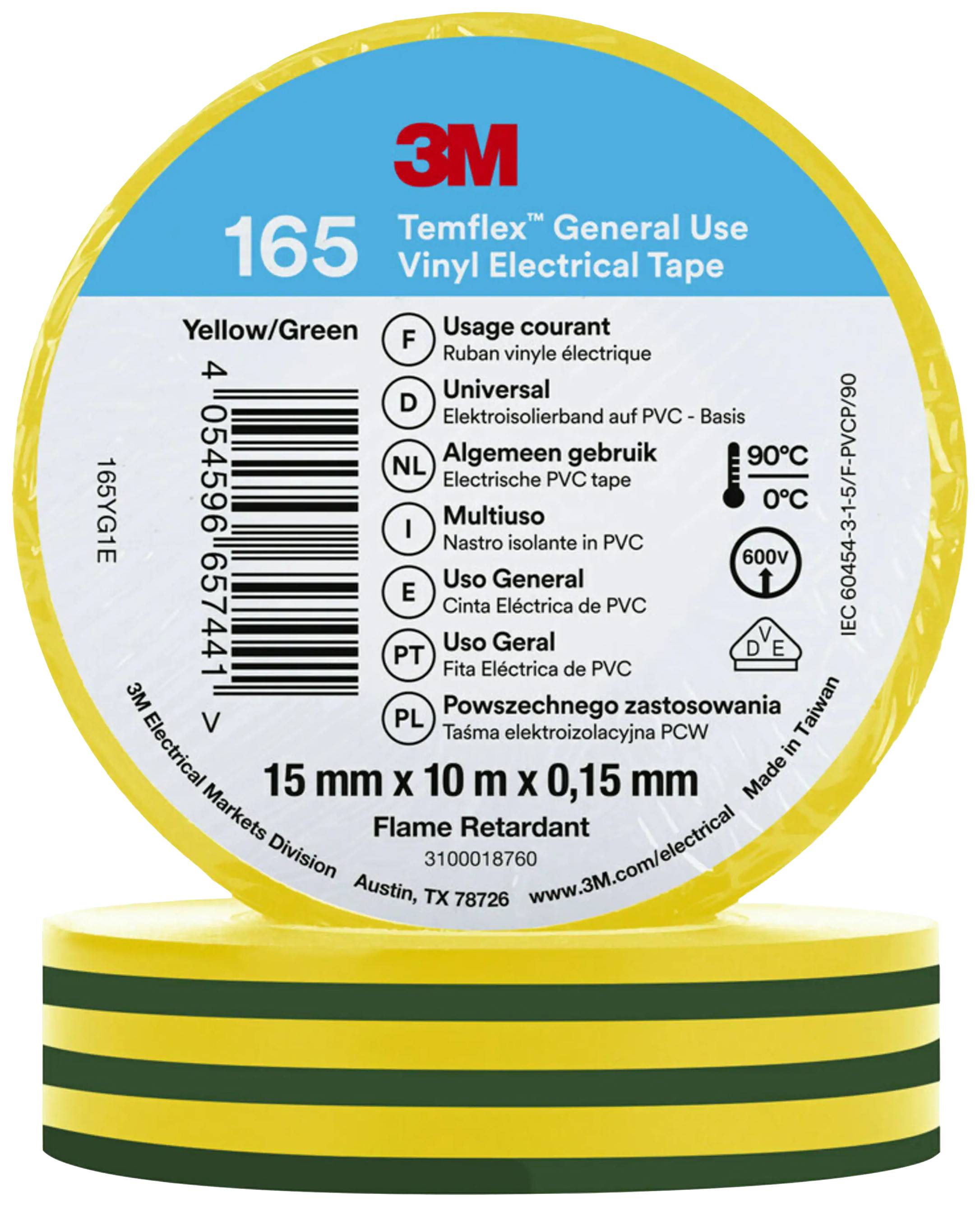 Rouleau de ruban adhésif électrique PVC jaune-vert, 15 mm de large, 10 m de long, 0,15 mm d'épaisseur. Marque 3M, ignifuge, polyvalent.