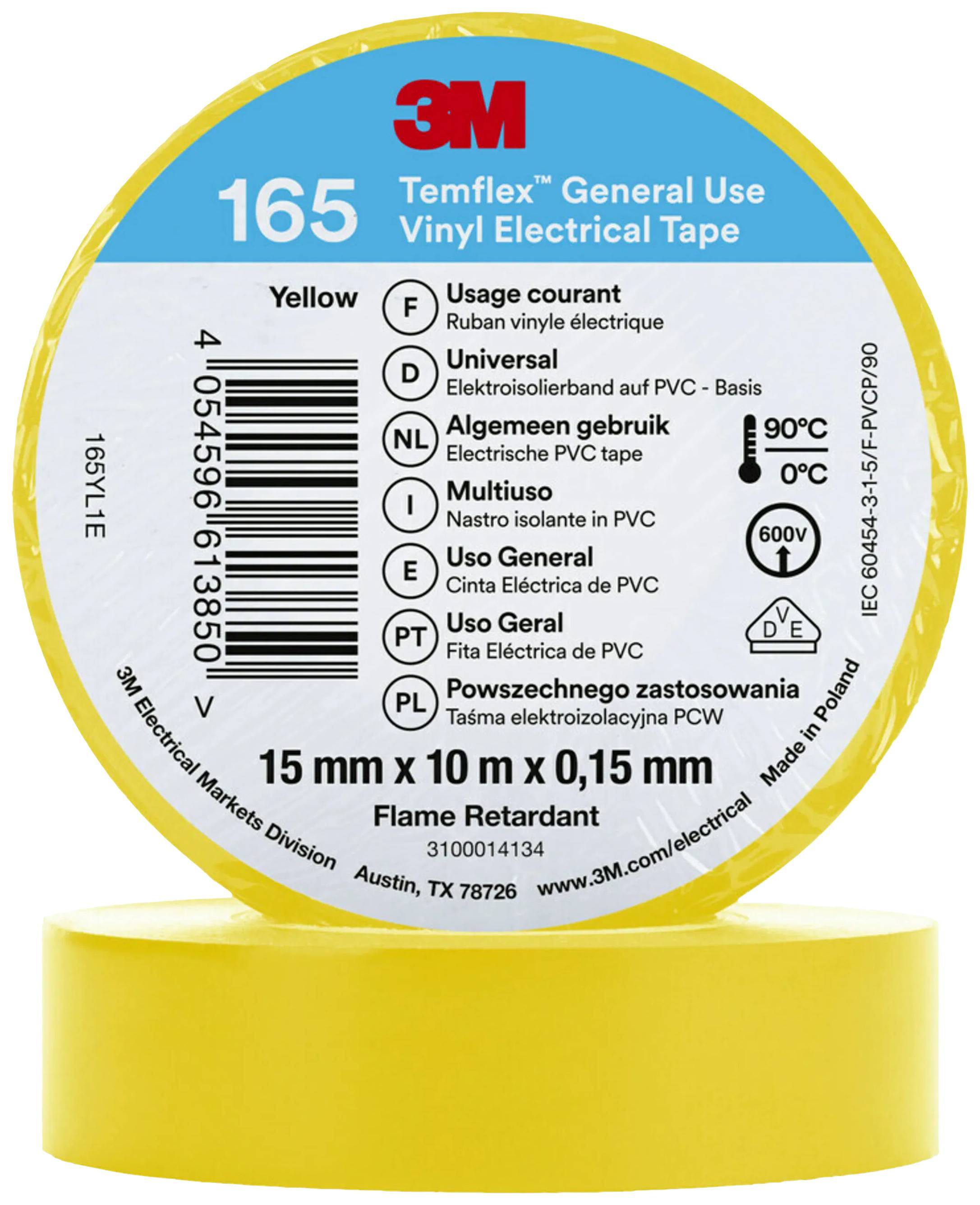 Ruban électrique en vinyle jaune de 3M pour utilisations générales, 15 m × 10 mm, ignifuge, adapté pour des températures jusqu'à 90°C.