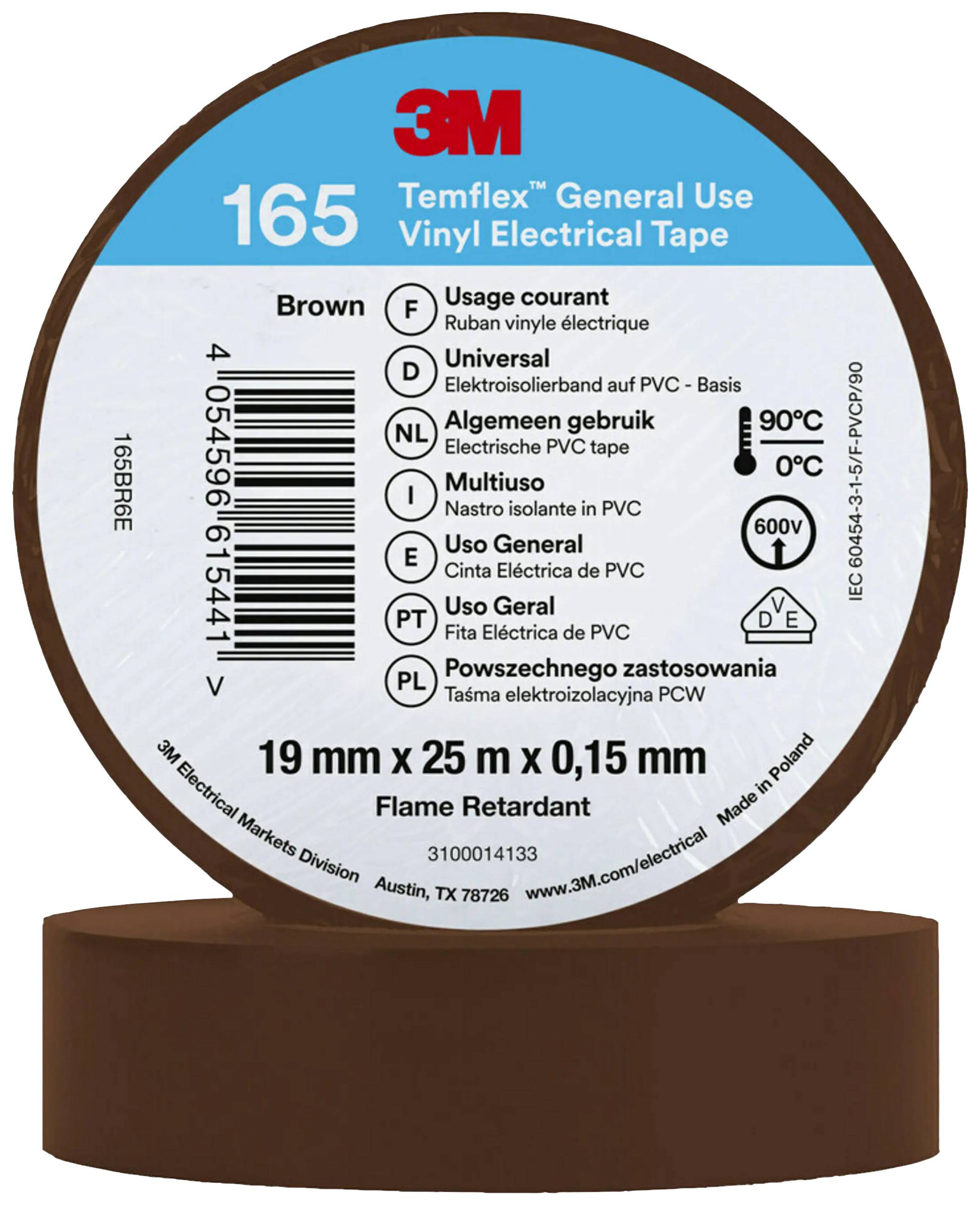 Un ruban isolant en vinyle rond brun de 3M, 'Temflex 165', de 19 mm de large, 25 m de long, ignifuge, pour usage général.