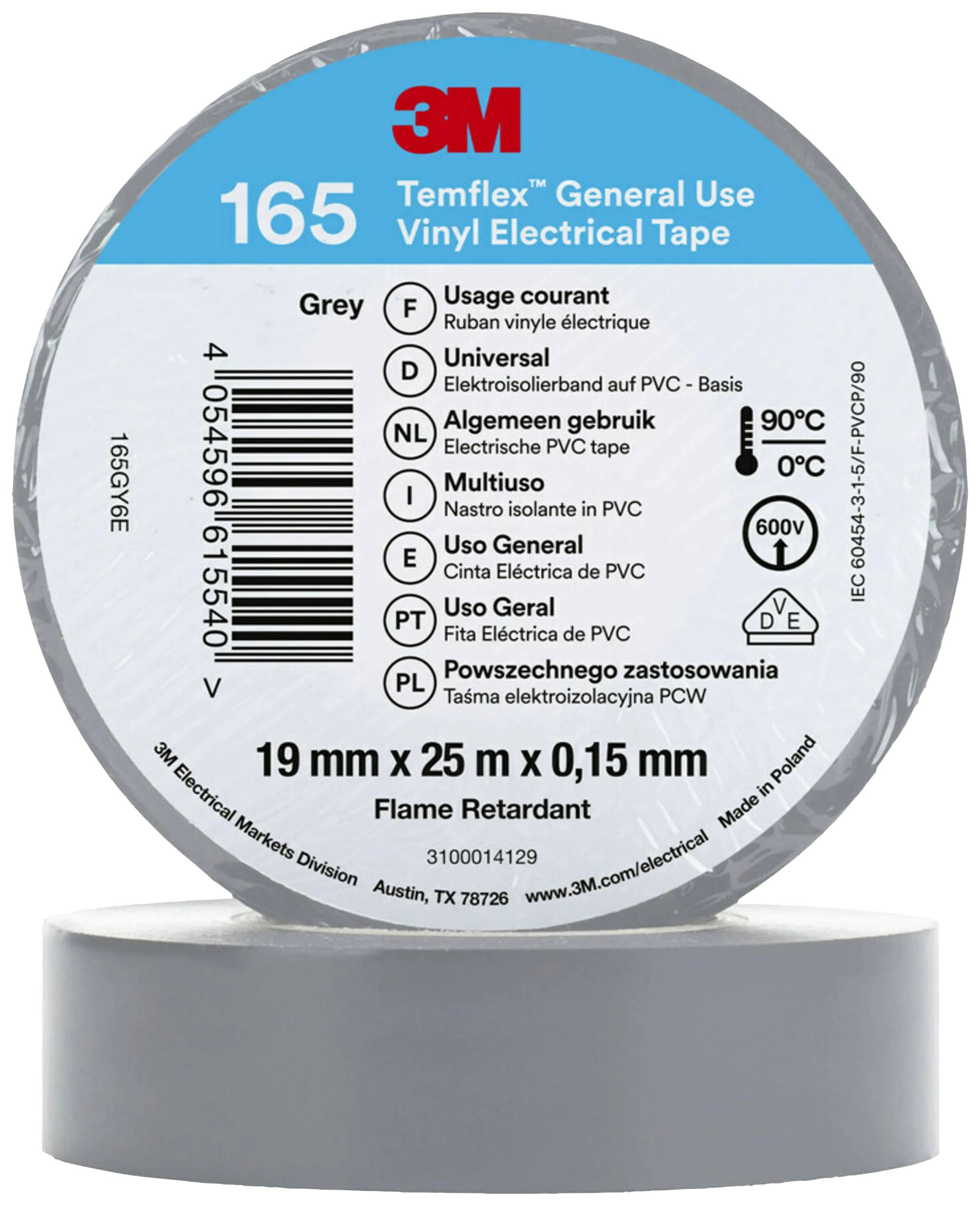 Ruban isolant en vinyle gris 3M, 19 mm x 25 m, ignifuge, usage général, code produit : 165, description multilingue.