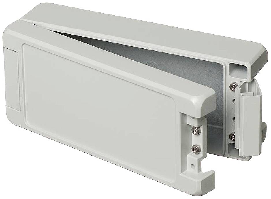 Un boîtier rectangulaire gris, partiellement ouvert, révèle son intérieur. Il comporte des vis sur les bords et un couvercle amovible.