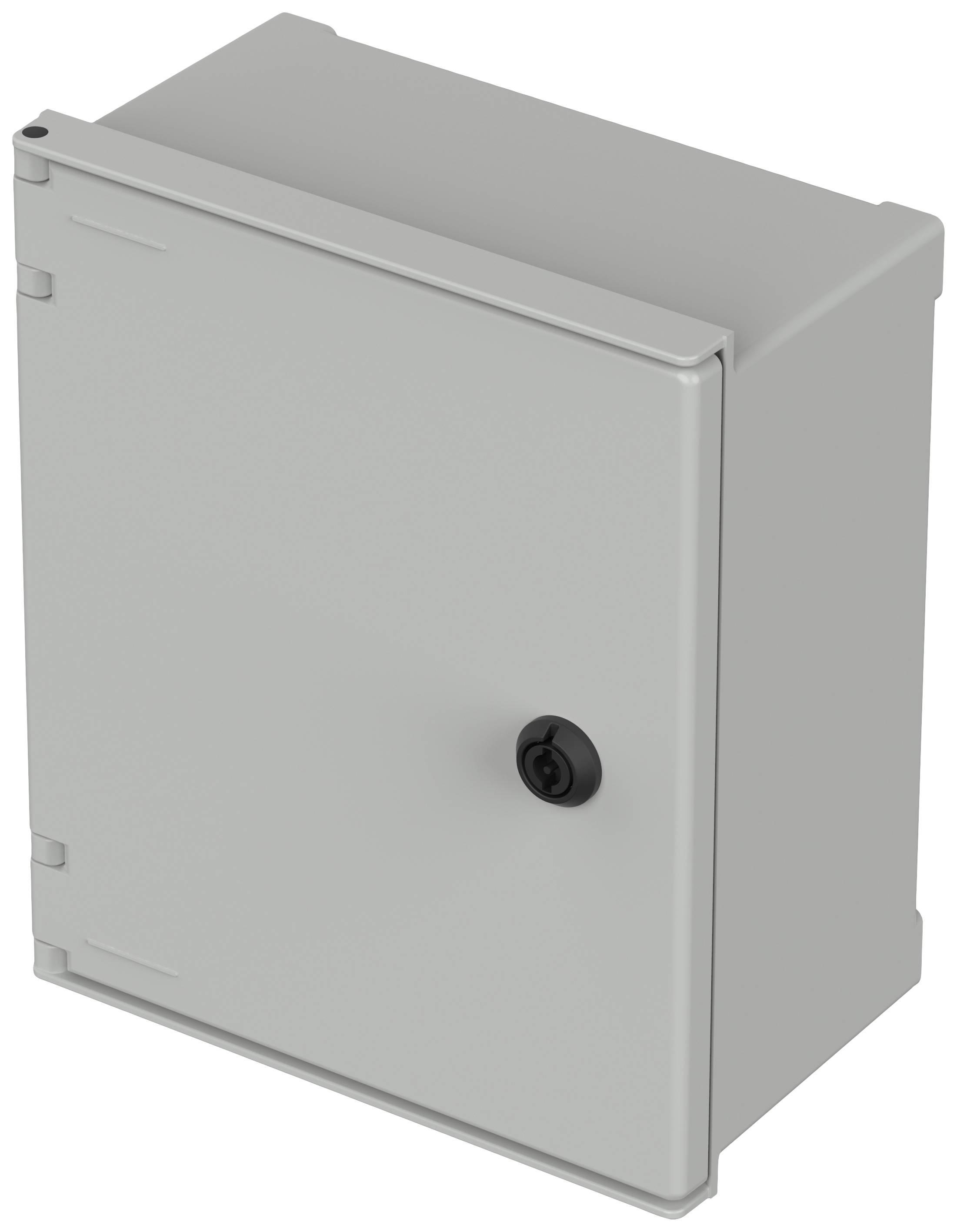 Armoire électrique grise, rectangulaire, avec une porte et une poignée centrale noire sur la face avant.
