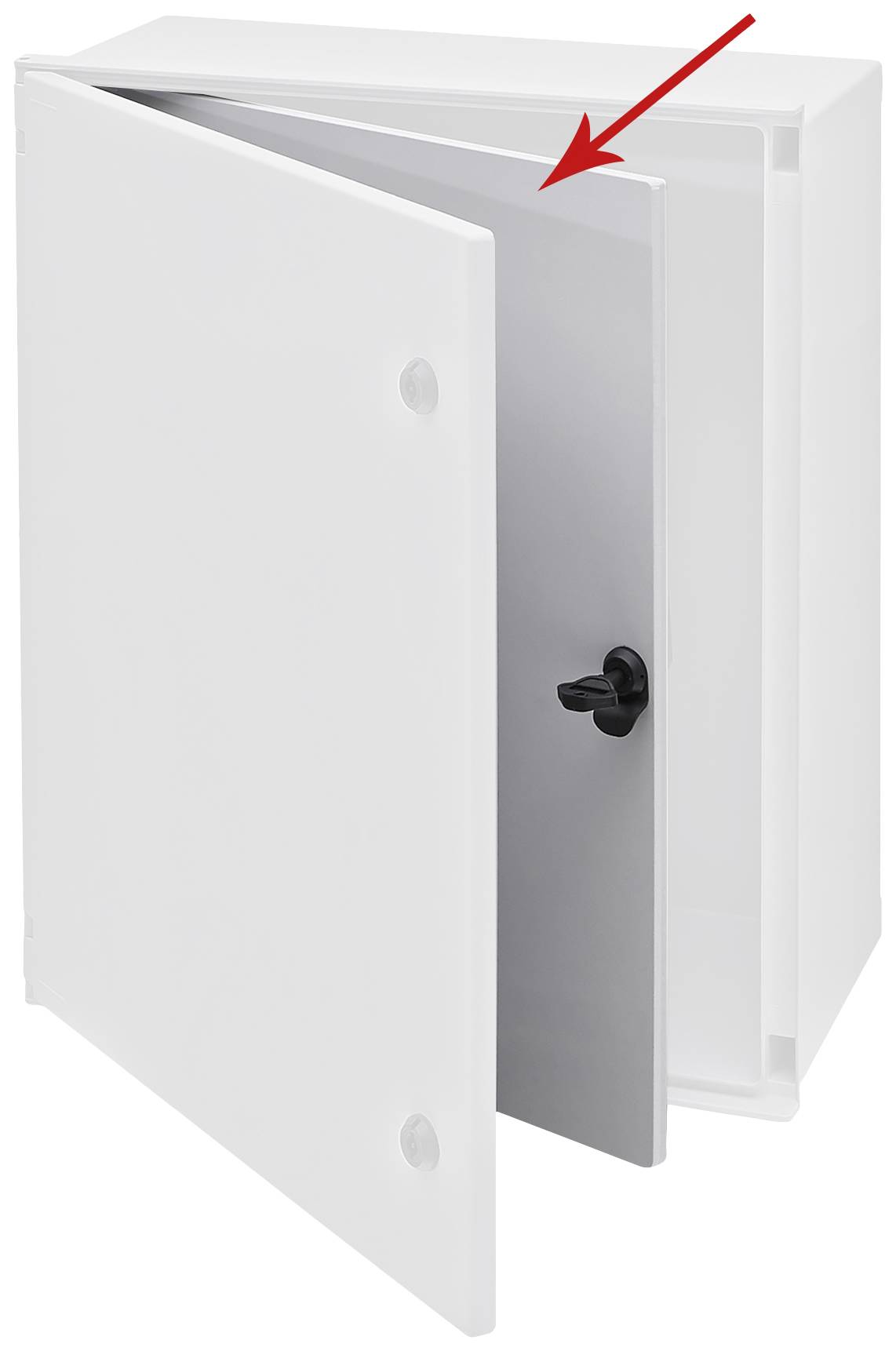 Un placard blanc ouvert est indiqué par une flèche rouge sur l'intérieur de la porte. Une poignée noire est visible.