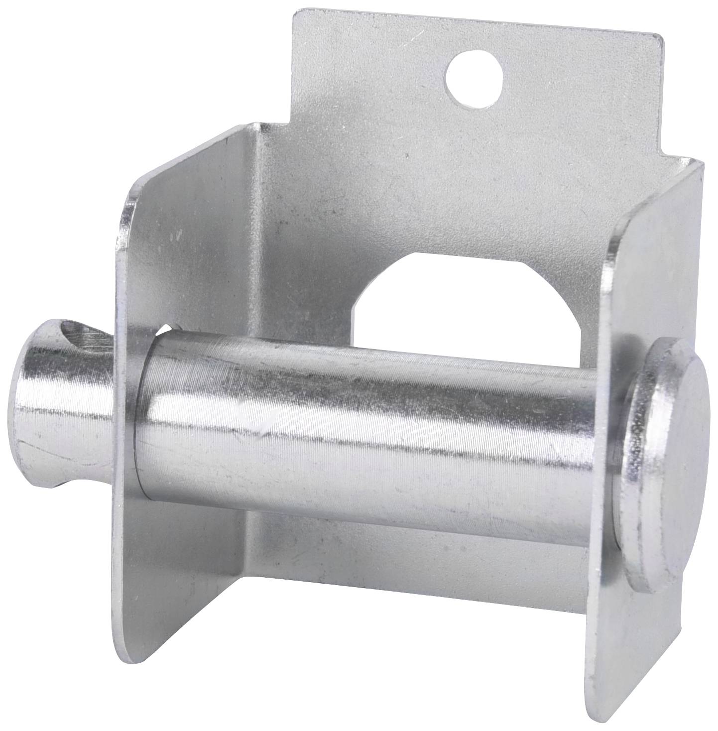 Support de rouleau cylindrique métallique avec support rectangulaire et ouverture de fixation circulaire en haut.