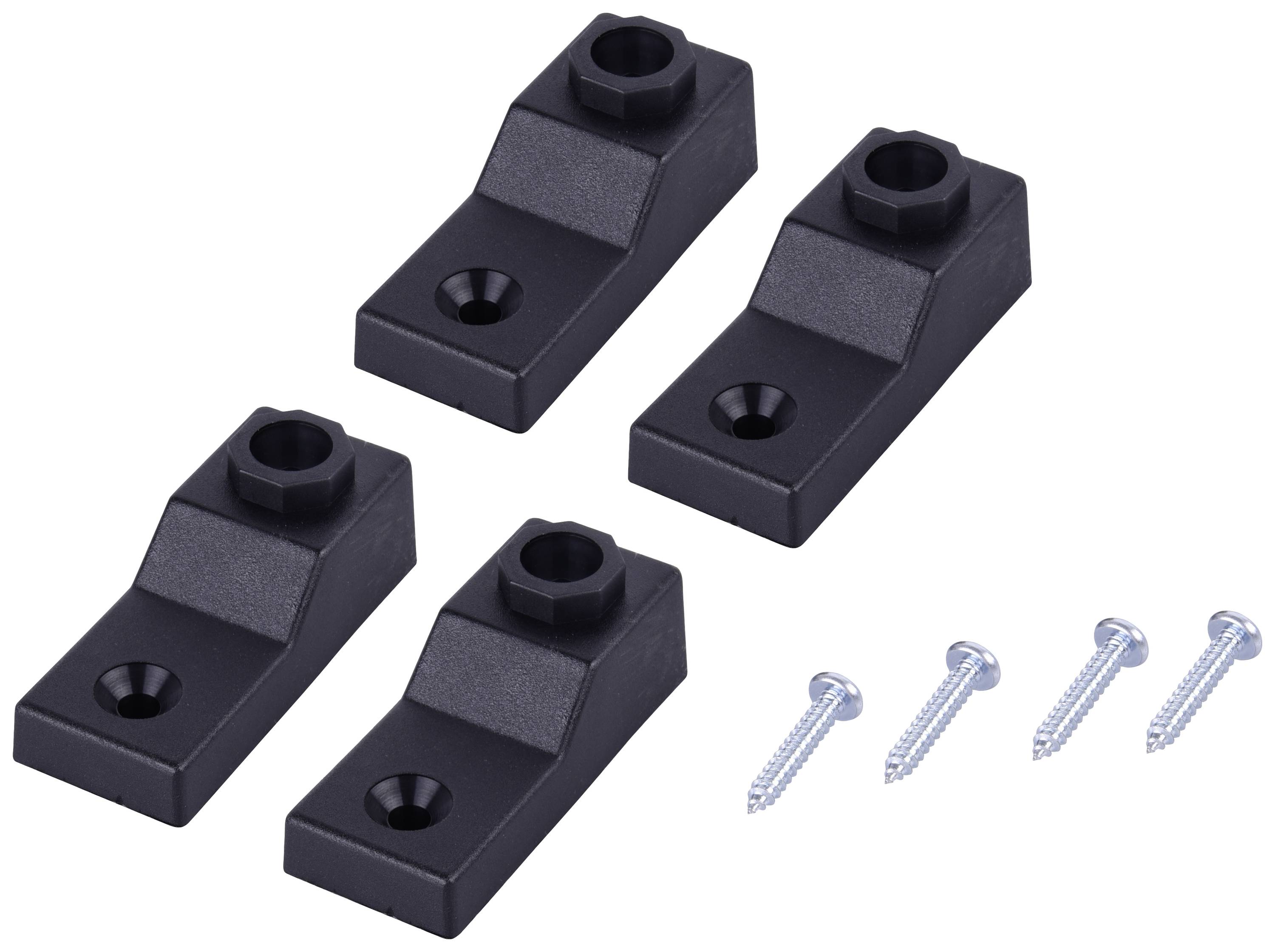 Quatre supports en plastique noir avec des trous, ainsi que quatre vis argentées, probablement destinés à la fixation.