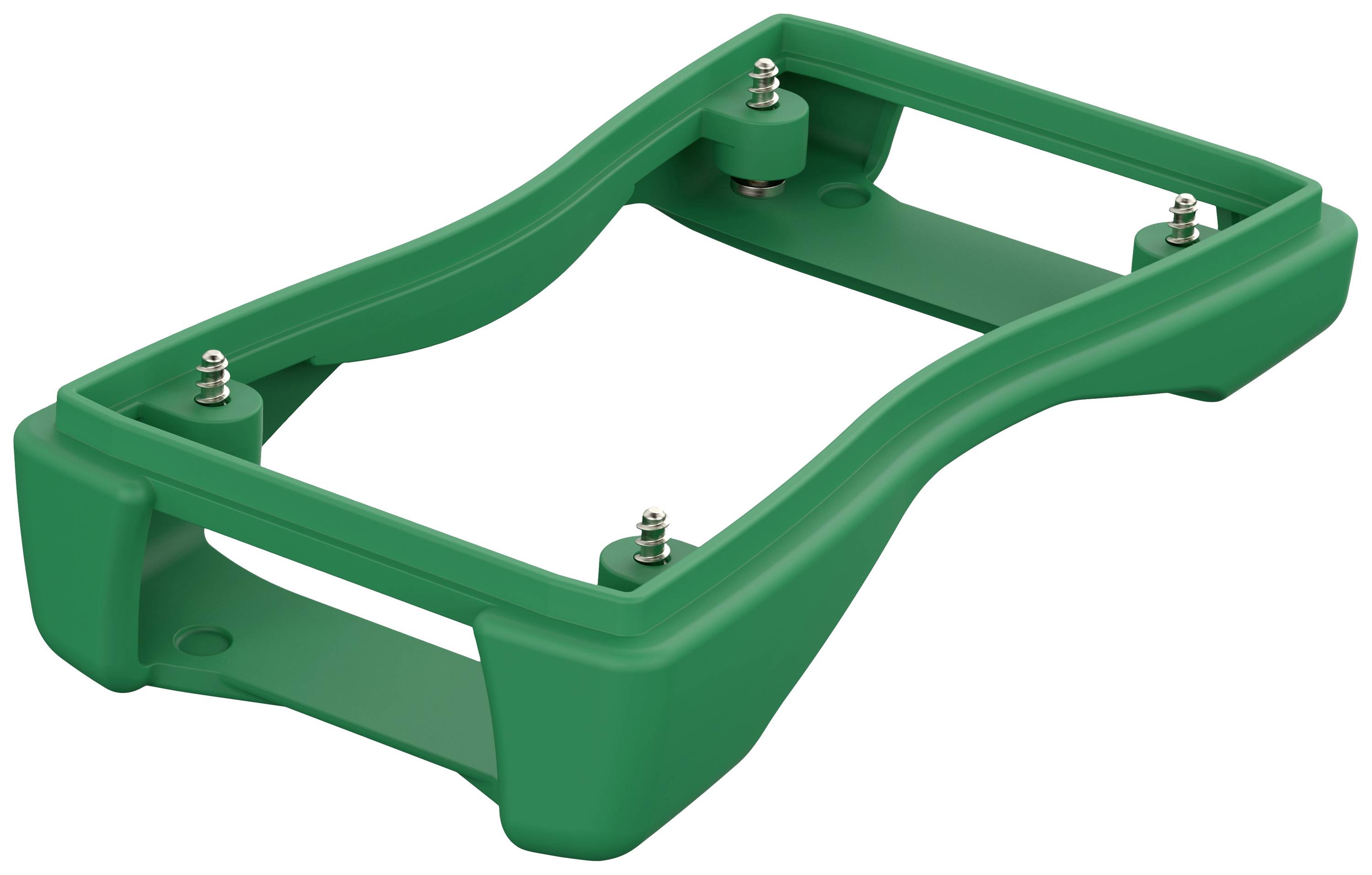 Cadre en plastique vert avec des connecteurs métalliques aux angles, probablement utilisé comme support ou boîtier.