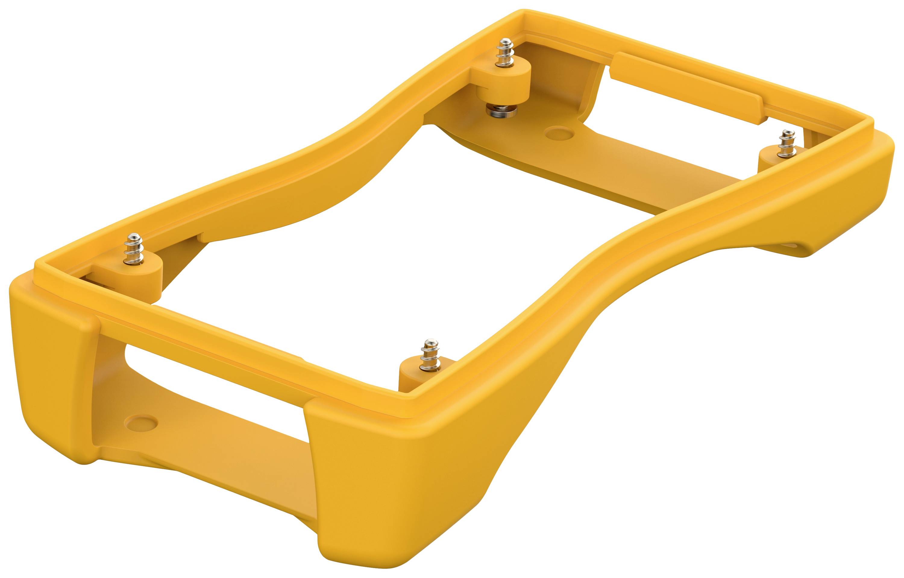Support de fixation en plastique jaune avec plusieurs vis, pouvant être utilisé pour fixer d'autres appareils ou composants.