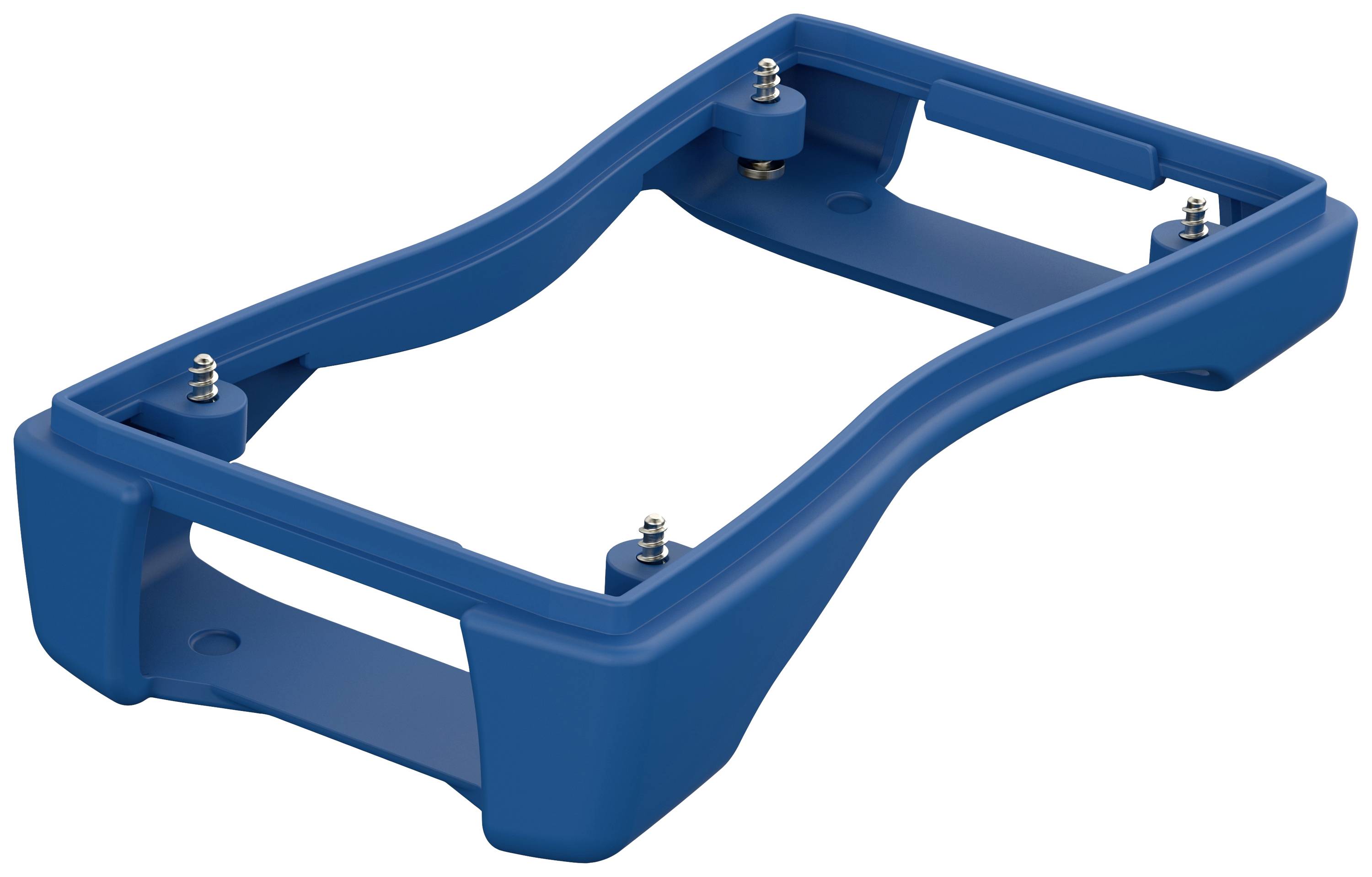 Cadre en plastique bleu avec quatre connexions à vis, probablement destiné au montage ou à la fixation d'appareils sur une surface.