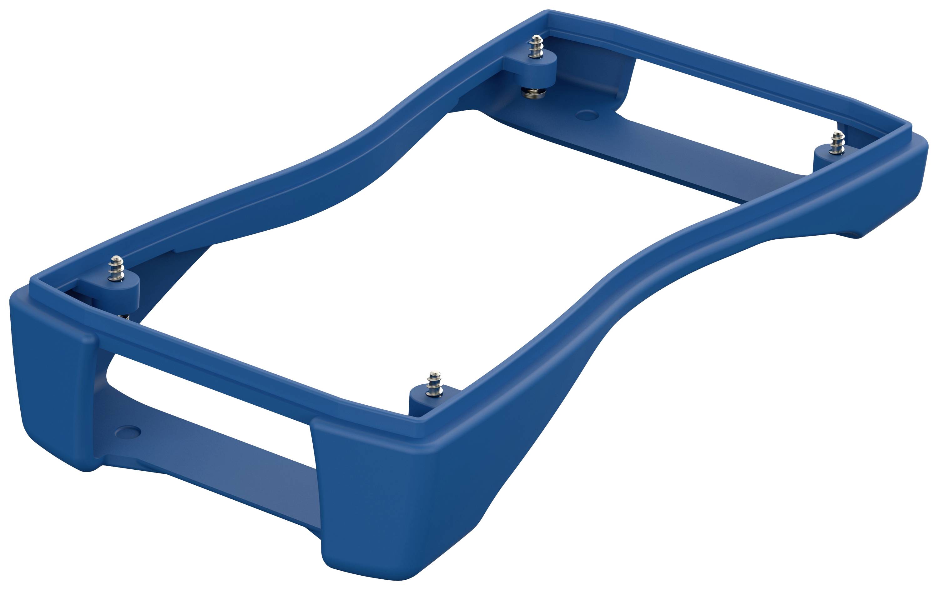 Un élément rectangulaire en plastique bleu aux coins arrondis, comportant quatre vis proéminentes aux angles, probablement une partie d'un boîtier ou d'un support.
