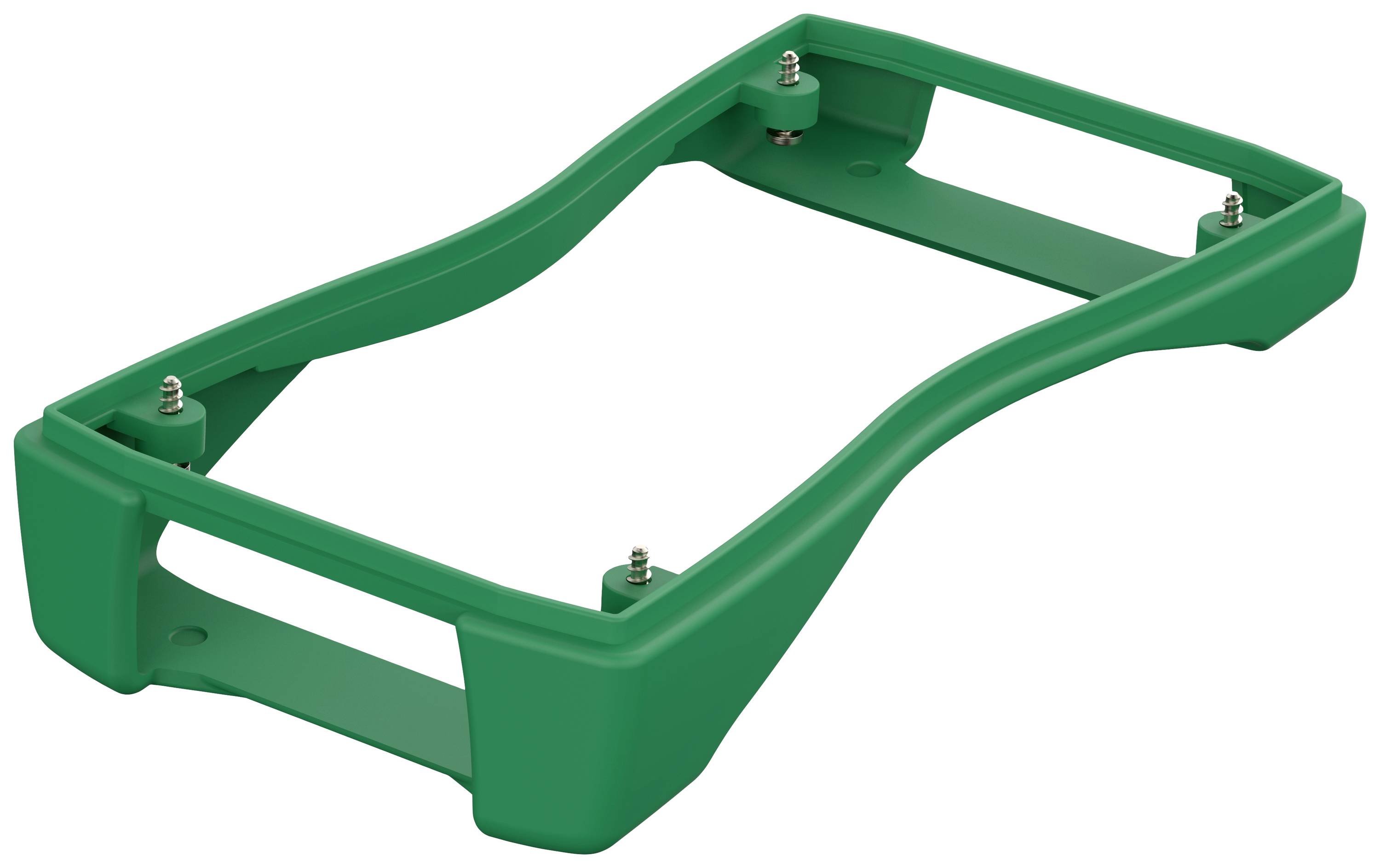 Cadre en plastique vert avec des fixations métalliques dans les coins, probablement un composant ou un support destiné à un usage technique.