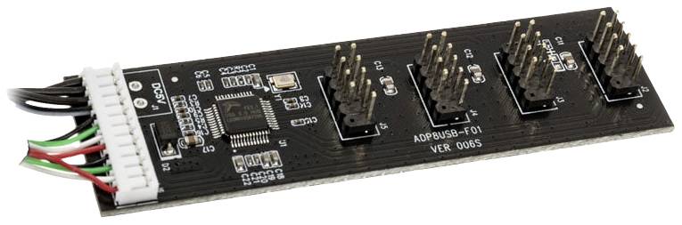 Composant électronique avec plusieurs connexions, un connecteur blanc à gauche et une étiquette marquée 'ADP003-6-01'.
