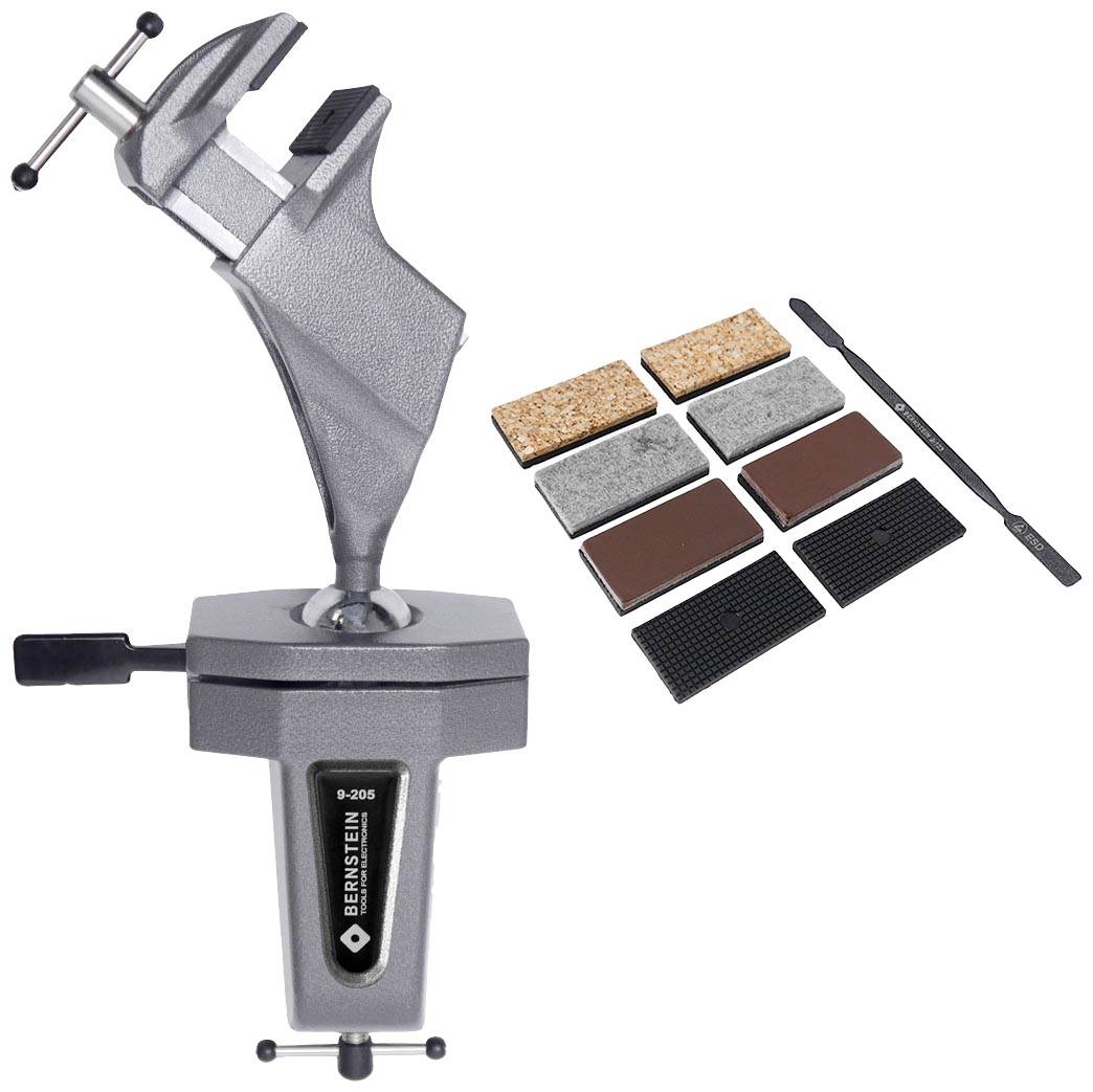 Étau de table avec accessoires pour la fixation flexible de pièces, comprenant divers supports et racloirs.