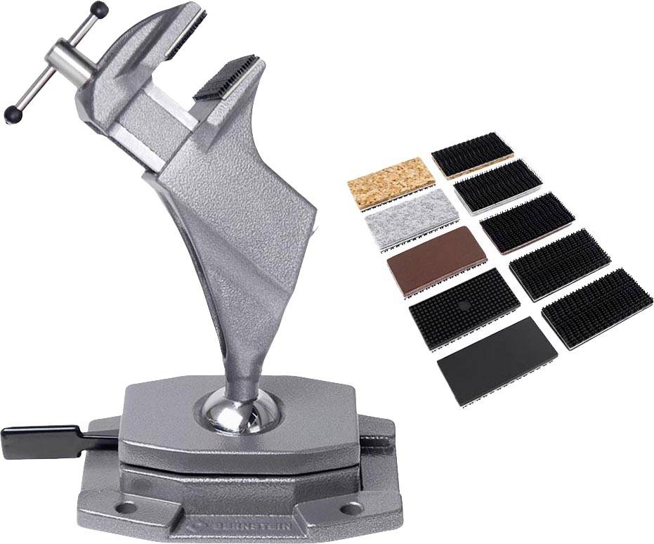 Un étau métallique avec base pivotante. À droite de l'image, une sélection de neuf blocs abrasifs de différentes couleurs et textures.