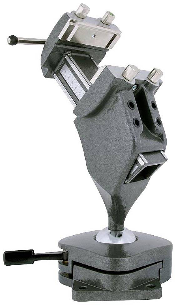 Étau métallique avec socle rotatif, deux mâchoires de serrage et manivelle manuelle. Adapté pour maintenir et fixer des pièces de travail.