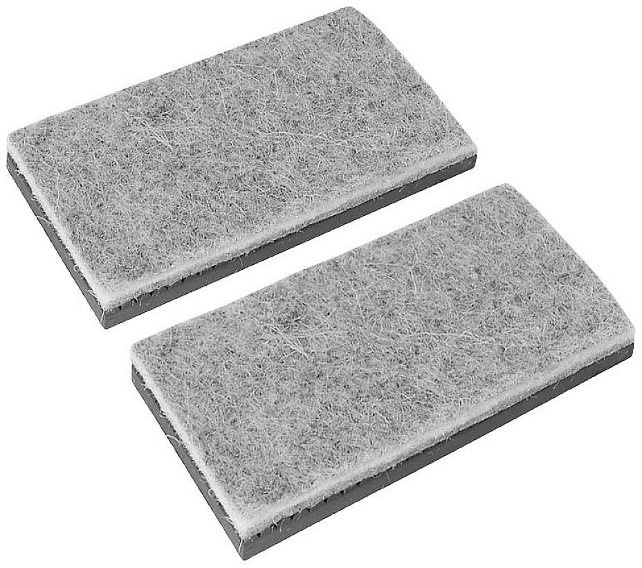 Deux patins de feutrine rectangulaires gris et plats pour pieds de meubles, qui protègent les sols des rayures et facilitent le déplacement des meubles.