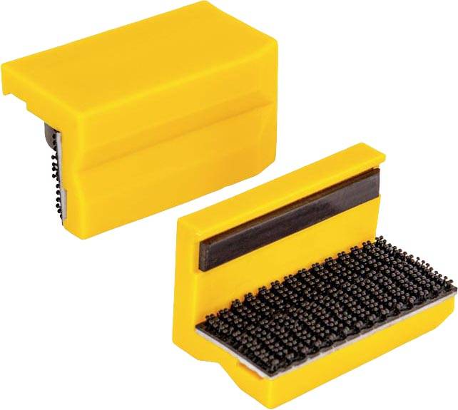Deux outils de nettoyage magnétiques jaunes pour tableaux blancs, avec des poils noirs, destinés à être fixés et à nettoyer les surfaces de tableau.