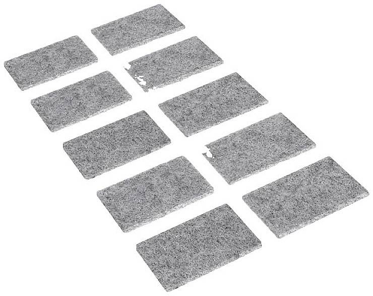 Dix sous-verres rectangulaires en feutre, disposés en une configuration de 5x2, de couleur grise, utilisés pour protéger les sols et les meubles des rayures.